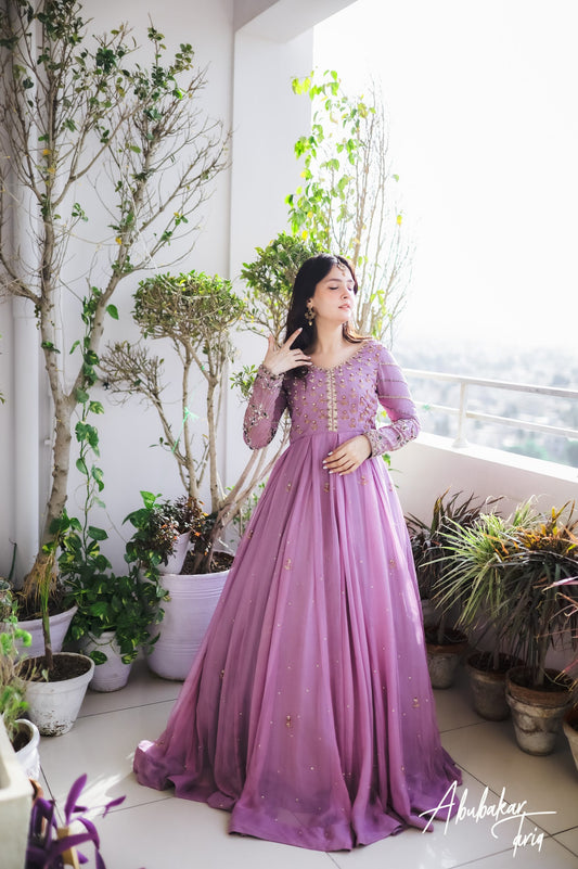 Solid Lilac Embellished Anarkali with Chocket Net -  FLAT 60% OFF