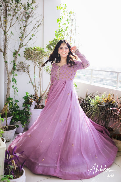 Solid Lilac Embellished Anarkali with Chocket Net -  FLAT 60% OFF