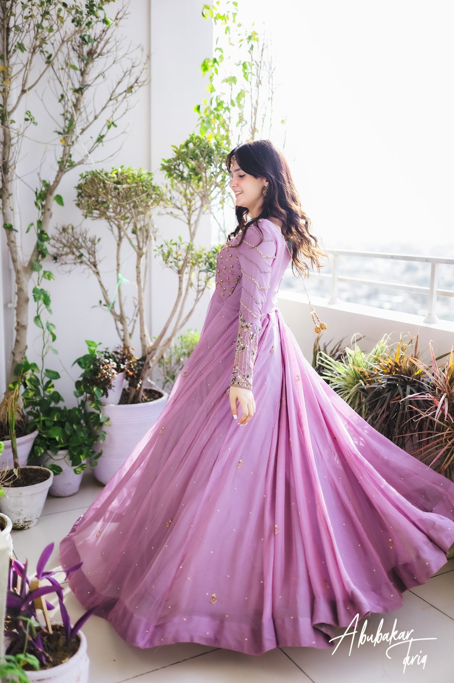 Solid Lilac Embellished Anarkali with Chocket Net -  FLAT 60% OFF