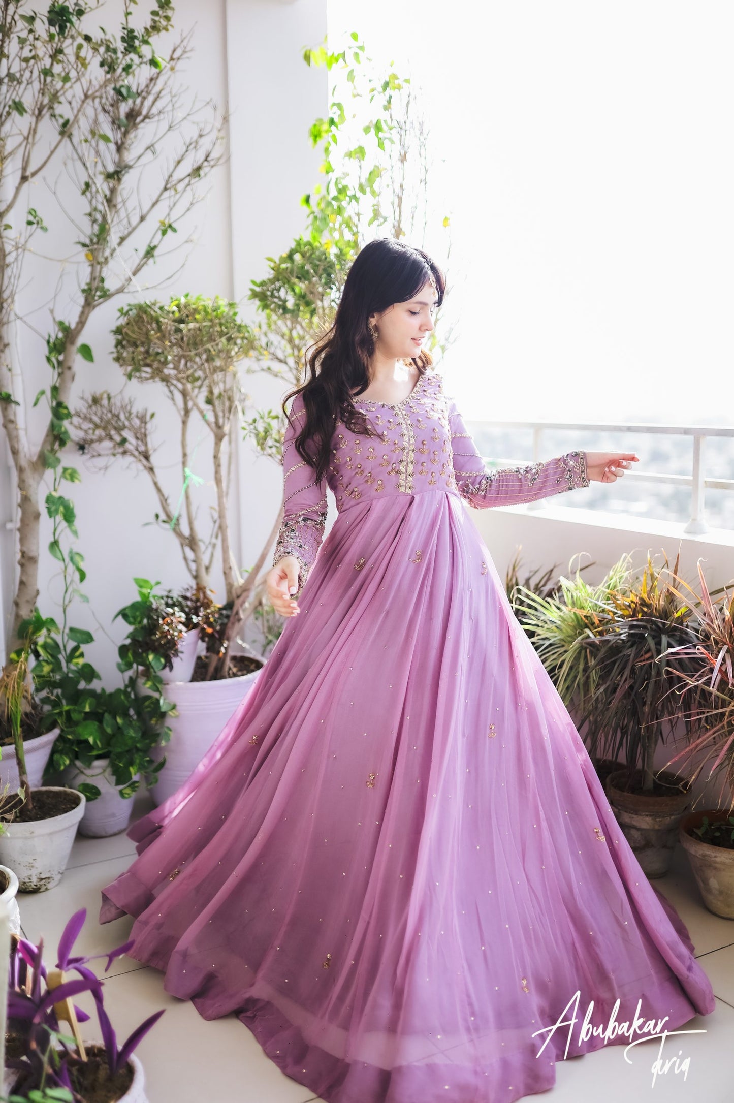 Solid Lilac Embellished Anarkali with Chocket Net -  FLAT 60% OFF