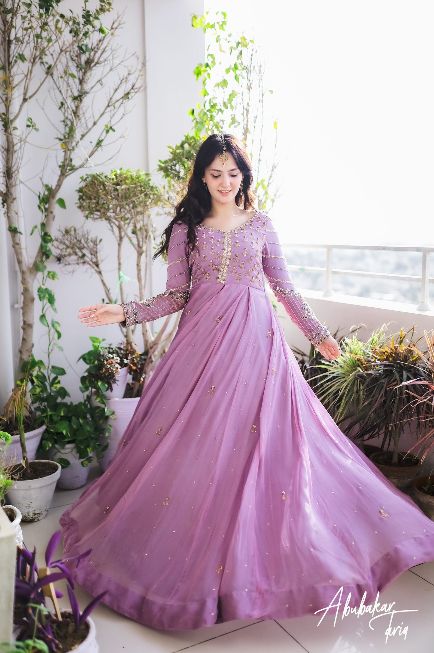 Solid Lilac Embellished Anarkali with Chocket Net -  FLAT 60% OFF