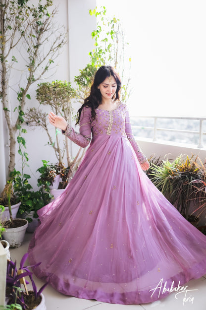 Solid Lilac Embellished Anarkali with Chocket Net -  FLAT 60% OFF