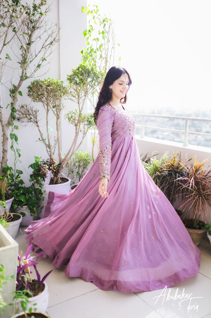 Solid Lilac Embellished Anarkali with Chocket Net -  FLAT 60% OFF