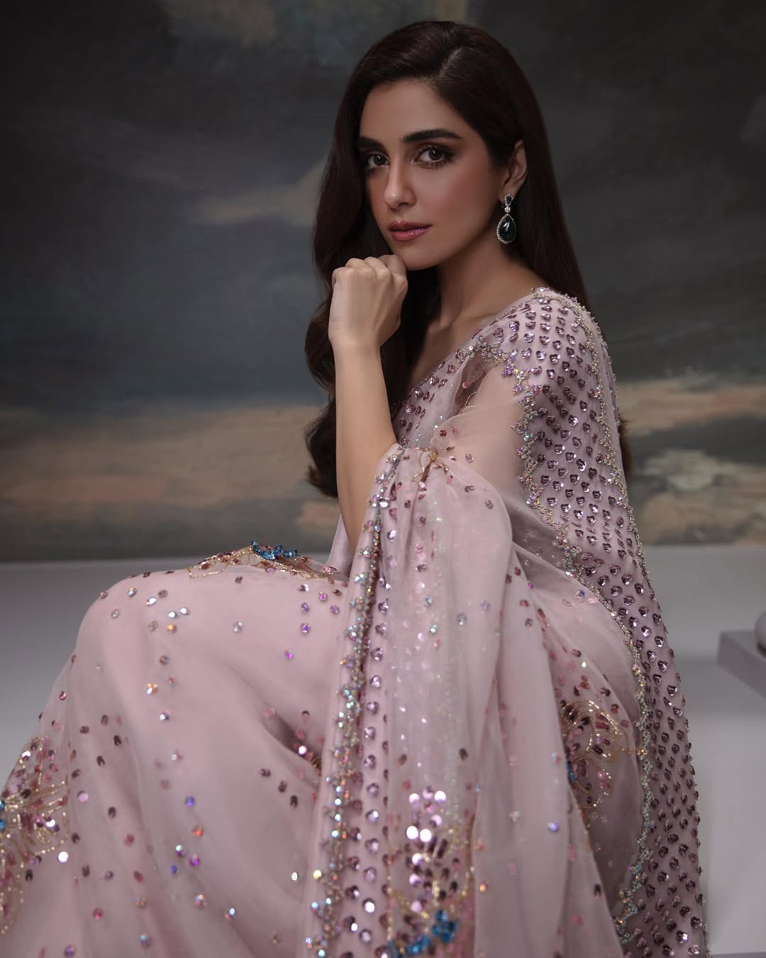 Maya Ali Peach Blush Embellished Organza Saree | COD | 70% OFF