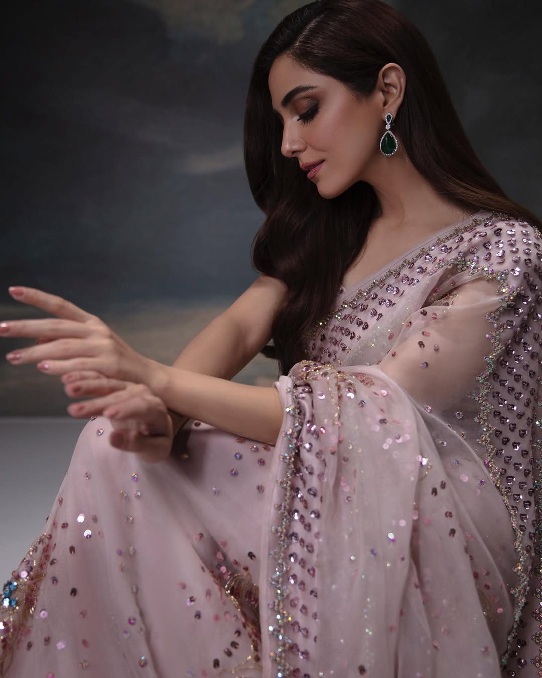 Maya Ali Peach Blush Embellished Organza Saree | COD | 70% OFF