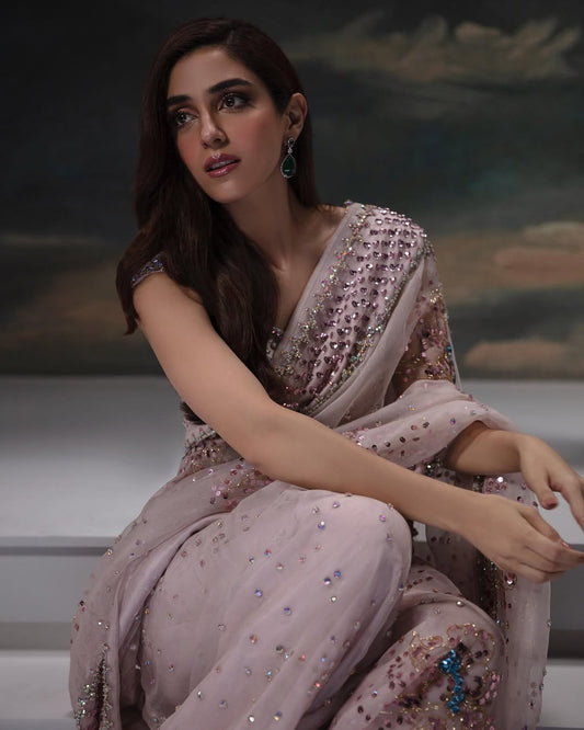 Maya Ali Peach Blush Embellished Organza Saree | COD | 70% OFF