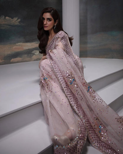 Maya Ali Peach Blush Embellished Organza Saree | COD | 70% OFF