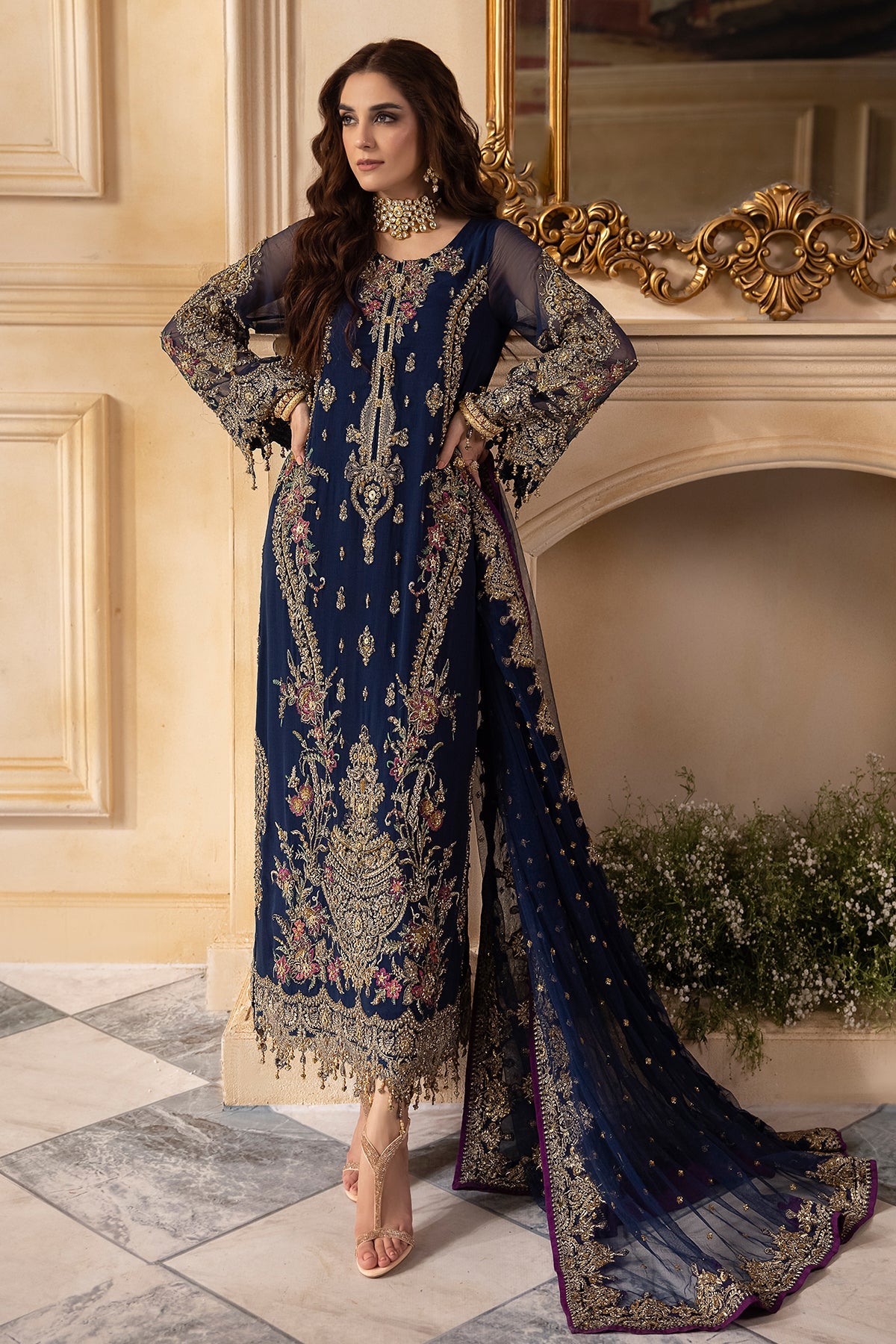 Maya Ali - Dark Blue Long Shirt, Trouser and Dupatta Set | 60% OFF