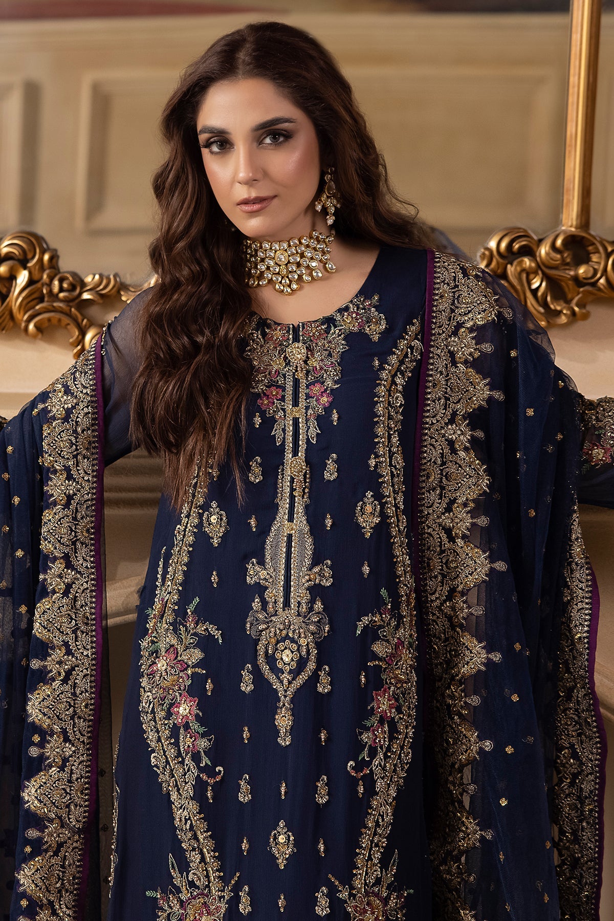 Maya Ali - Dark Blue Long Shirt, Trouser and Dupatta Set | 60% OFF