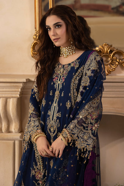 Maya Ali - Dark Blue Long Shirt, Trouser and Dupatta Set | 60% OFF