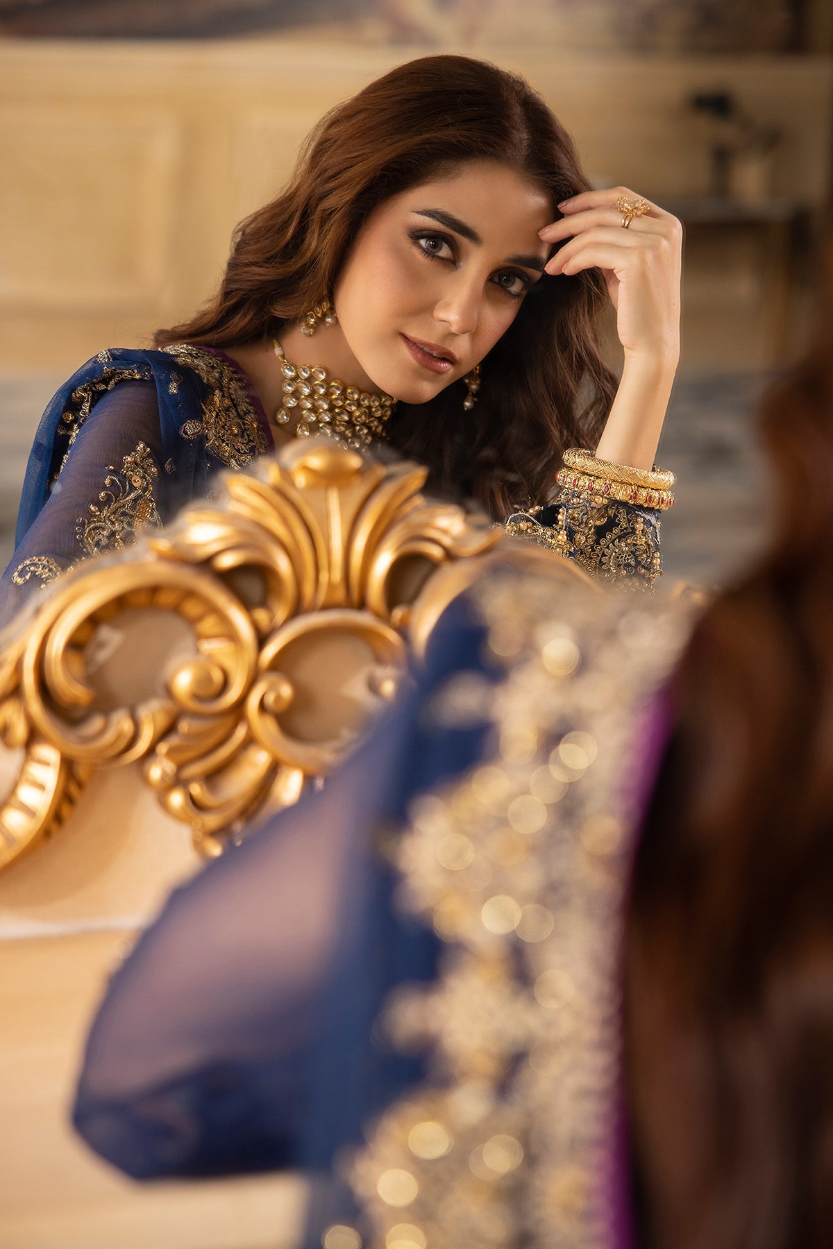 Maya Ali - Dark Blue Long Shirt, Trouser and Dupatta Set | 60% OFF