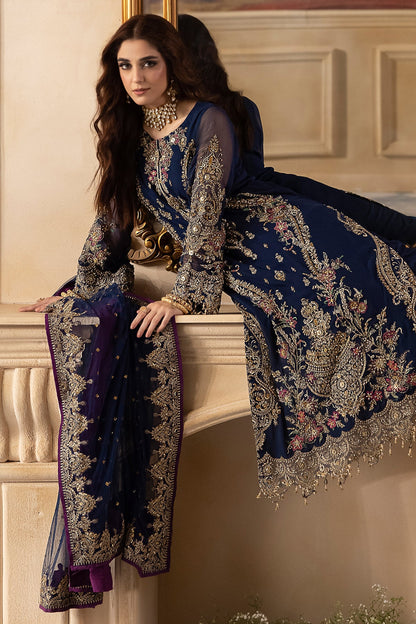 Maya Ali - Dark Blue Long Shirt, Trouser and Dupatta Set | 60% OFF