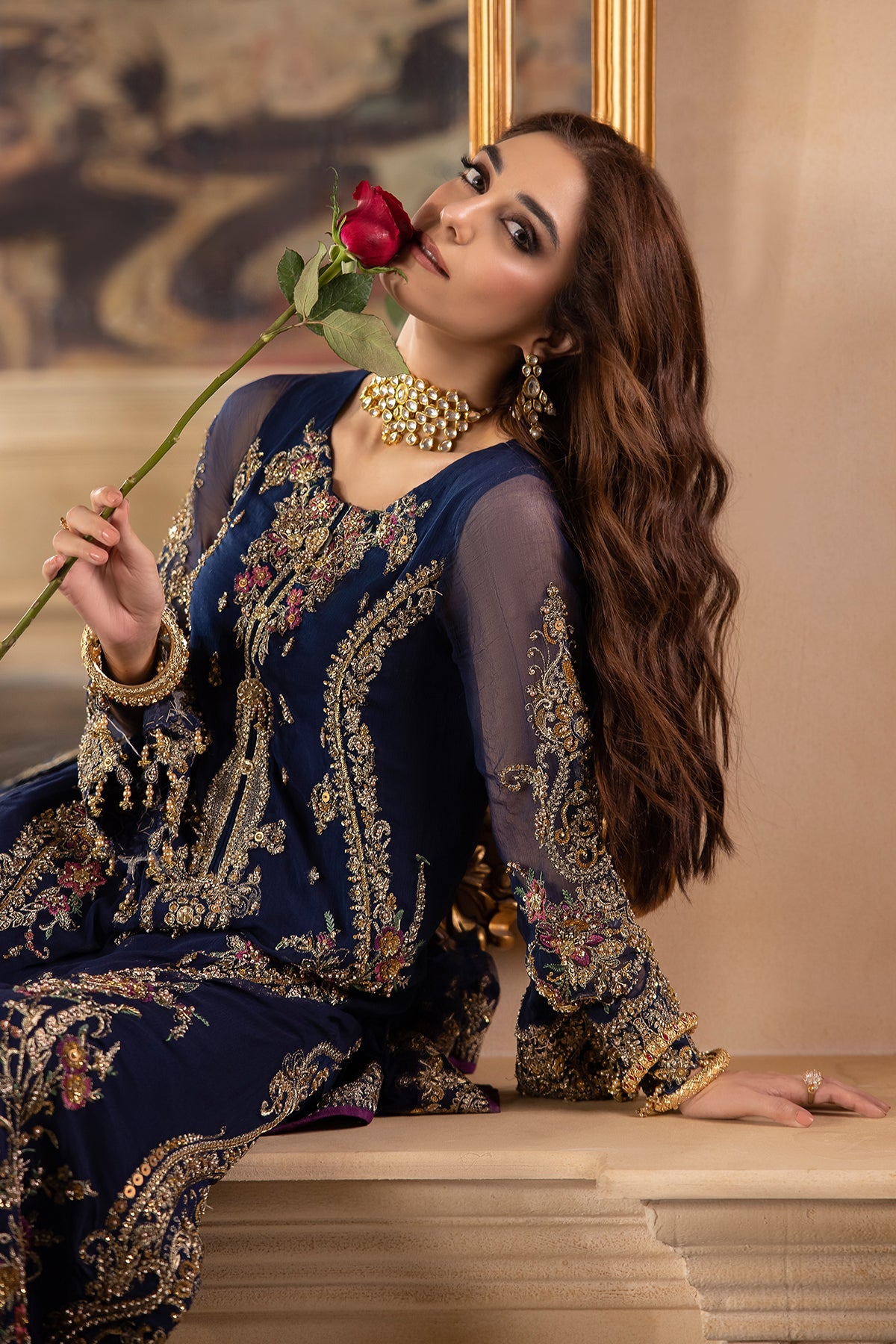 Maya Ali - Dark Blue Long Shirt, Trouser and Dupatta Set | 60% OFF