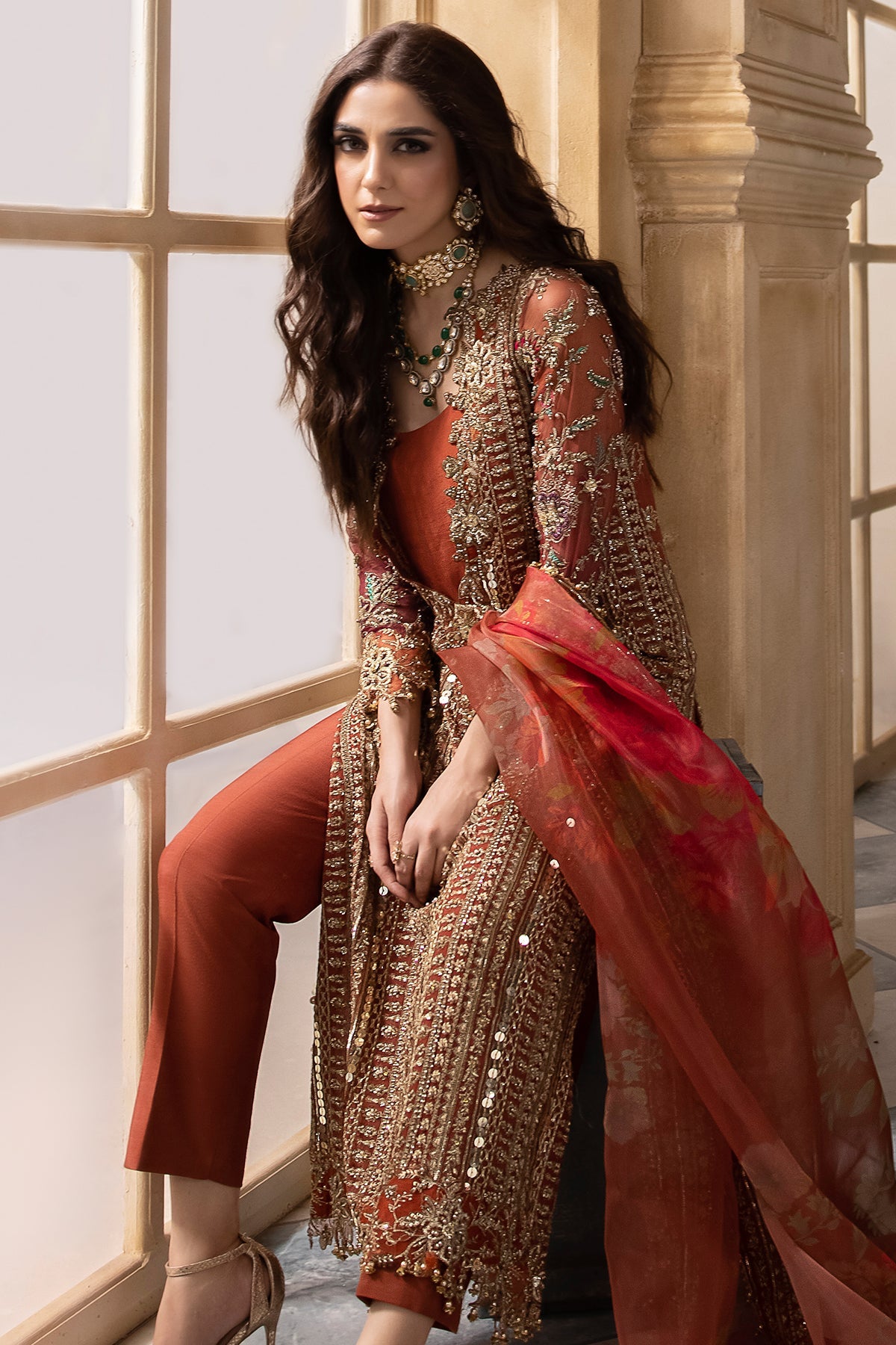 Maya Ali - Brownish Shirt trouser with dupatta - COD | 25% OFF