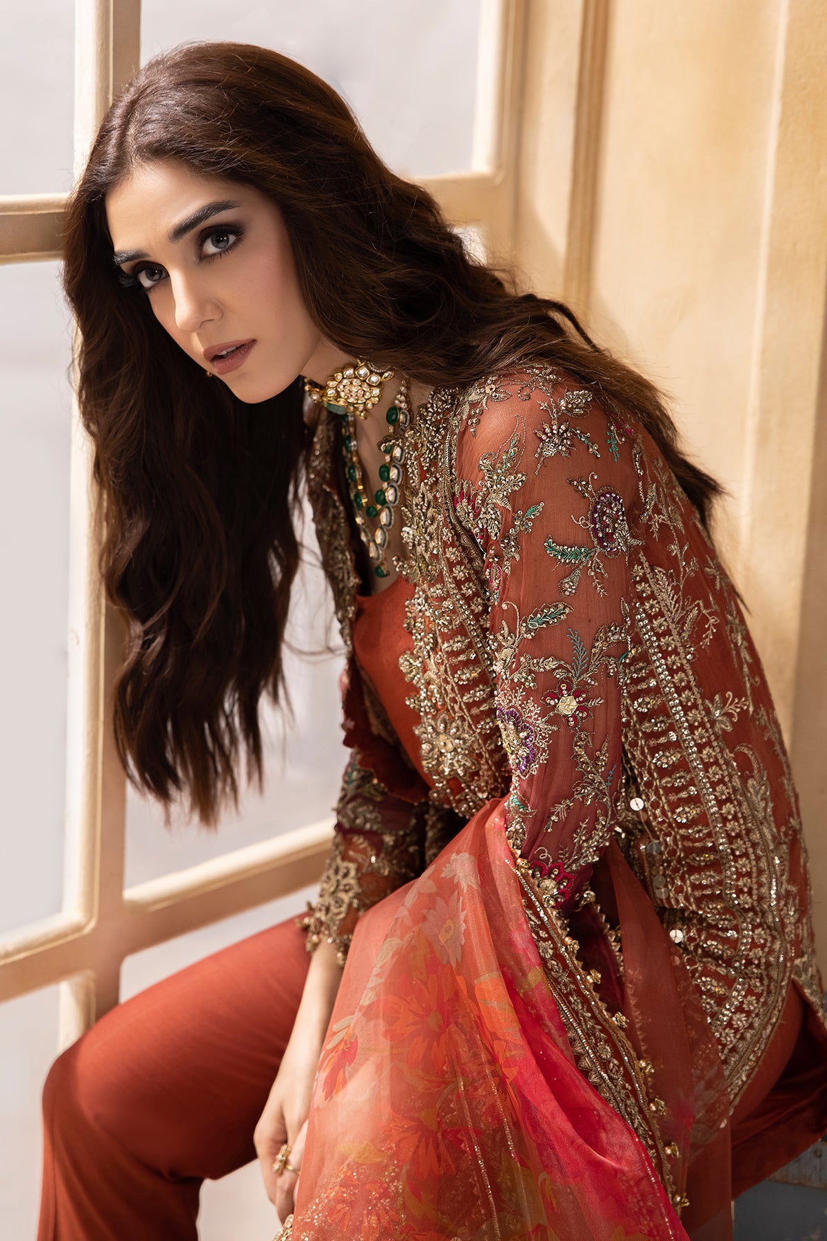 Maya Ali - Brownish Shirt trouser with dupatta - COD | 25% OFF