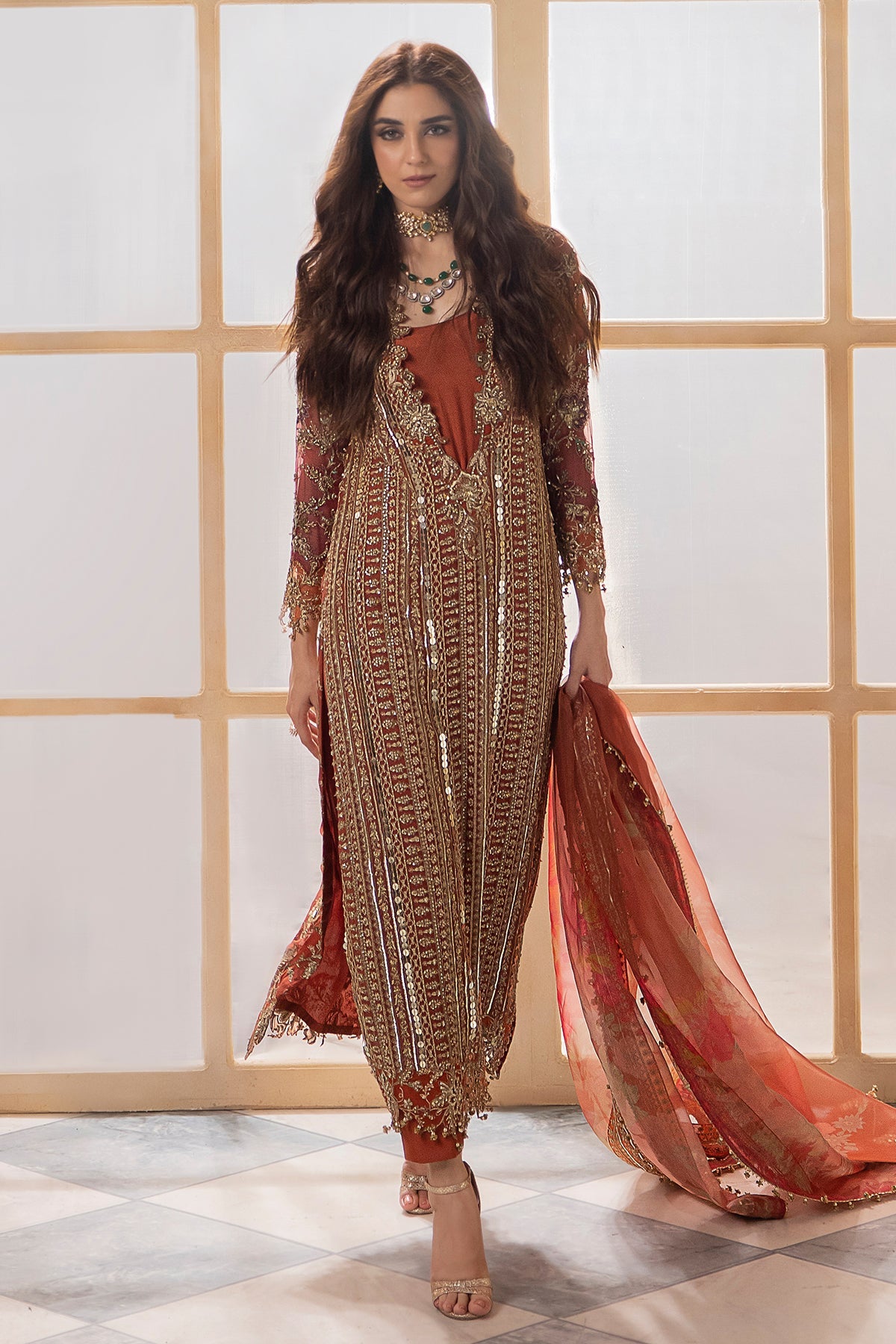 Maya Ali - Brownish Shirt trouser with dupatta - COD | 25% OFF