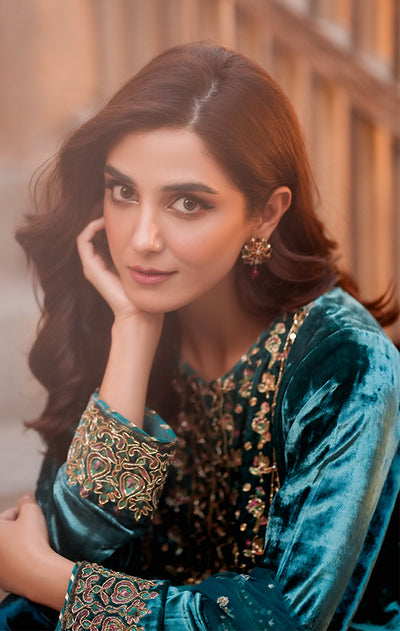 Maya Ali -  Sea Green Velvet Shirt, Trouser with Dupatta | 60% OFF