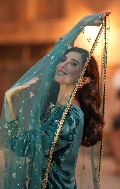 Maya Ali -  Sea Green Velvet Shirt, Trouser with Dupatta | 60% OFF