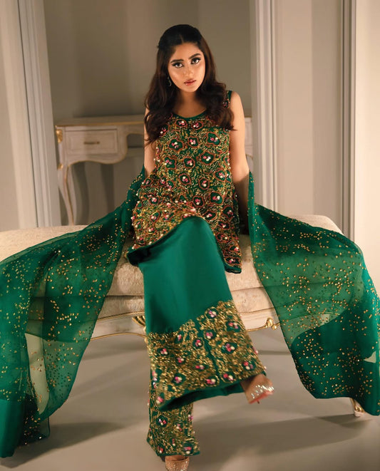 Sajal Ali -  Silver Green Embellished Organza Shirt, Trouser with Dupatta | 70% OFF