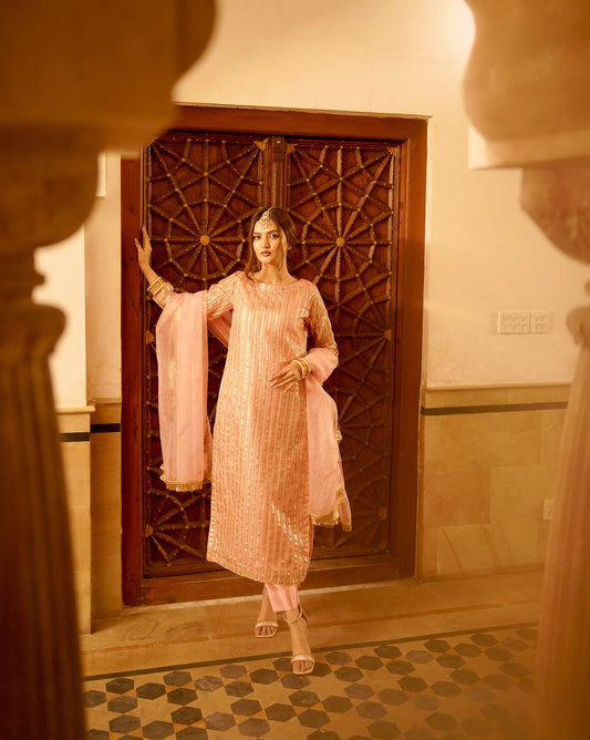 Hira Faisal - Embellished Peach Long Shirt, Trouser and Dupatta set | 30% OFF