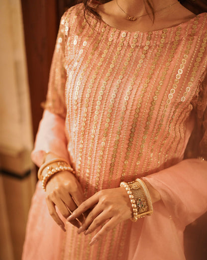 Hira Faisal - Embellished Peach Long Shirt, Trouser and Dupatta set | 30% OFF