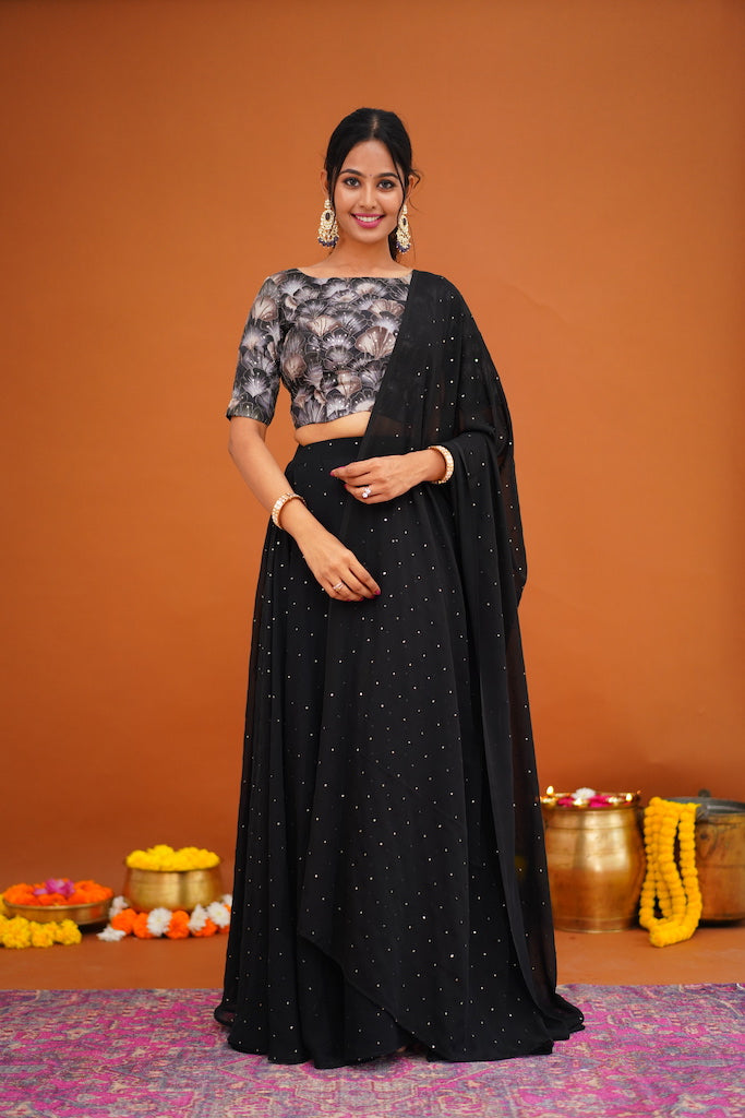 Black Crop Top, Skirt and Dupatta - COD | 20% OFF