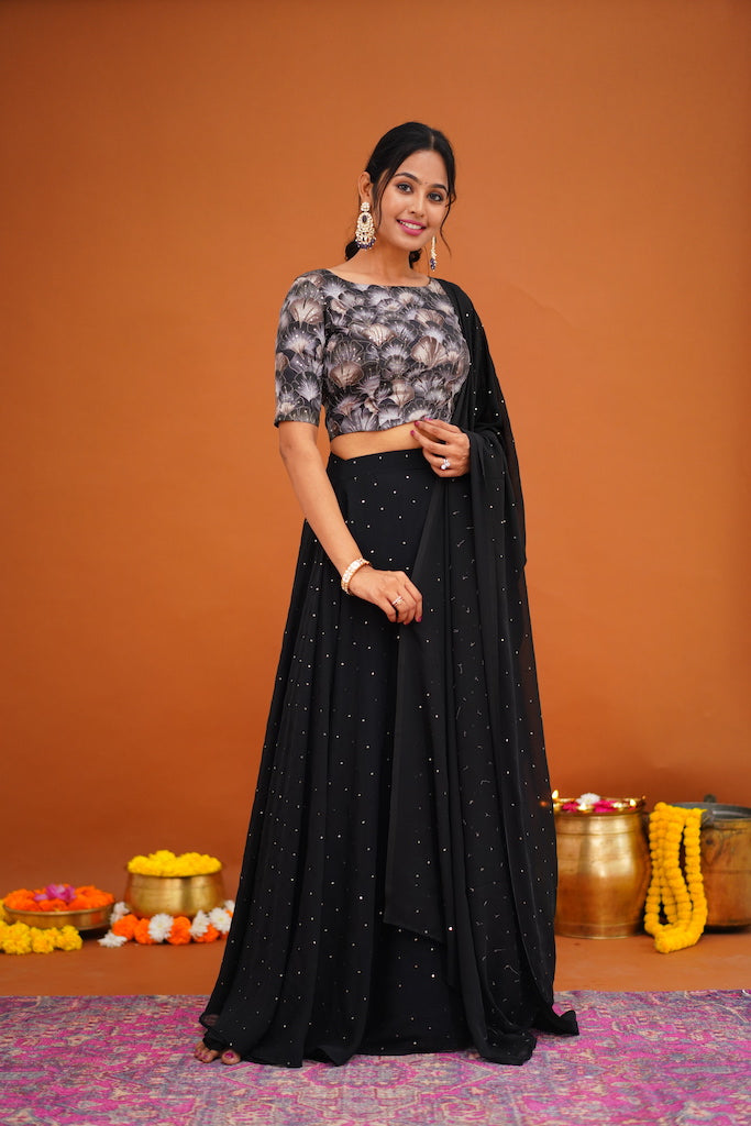 Black Crop Top, Skirt and Dupatta - COD | 20% OFF