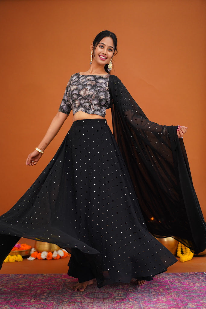 Black Crop Top, Skirt and Dupatta - COD | 20% OFF