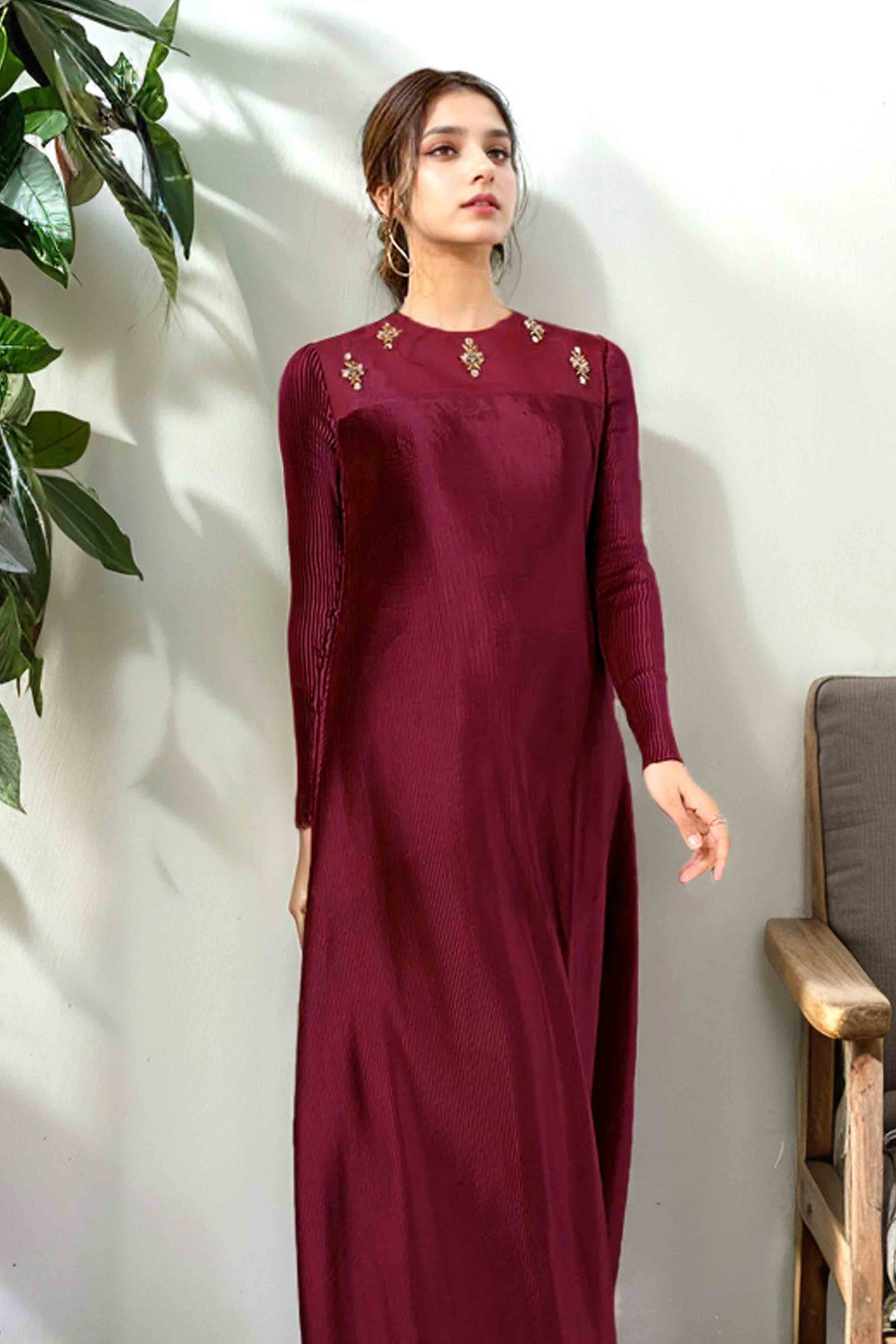 Embellished Maroon Maxi - COD | 20% OFF