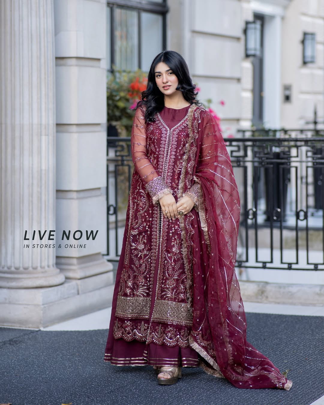 Sarah Khan - Maroon Long Shirt, Trouser and Duaptta set | 60% OFF