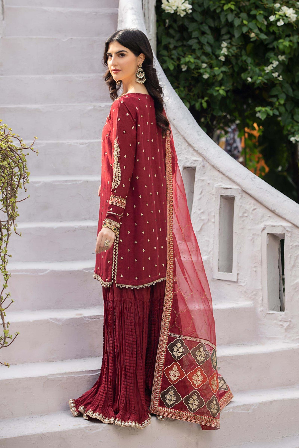 Kinza Hashmi - Embellished Maroon Shirt, Trouser with Dupatta - COD | 30% OFF