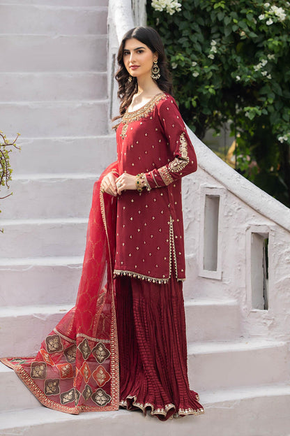 Kinza Hashmi - Embellished Maroon Shirt, Trouser with Dupatta - COD | 30% OFF