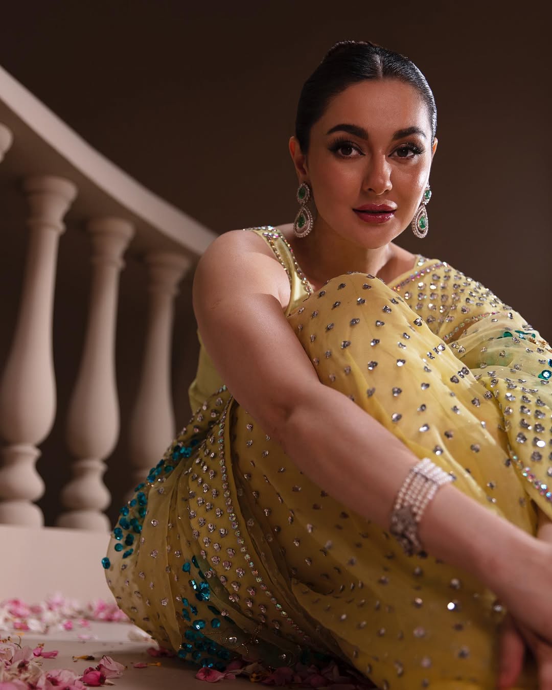 Hania Aamir - Verbena Yellow Embellished Organza Sari | 70% OFF