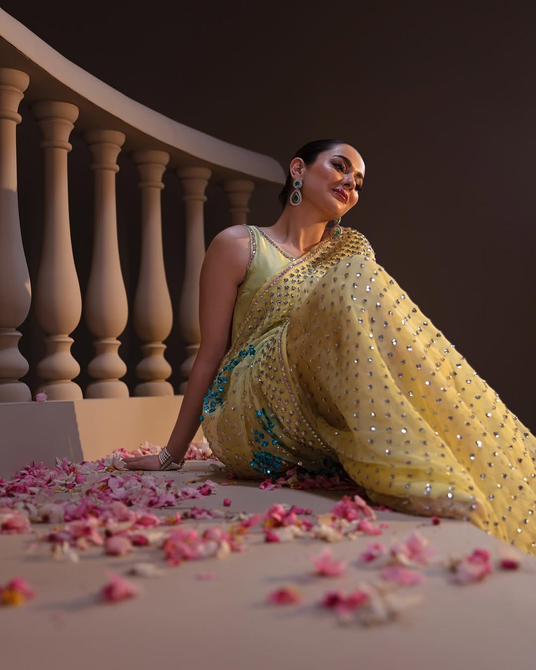 Hania Aamir - Verbena Yellow Embellished Organza Sari | 70% OFF