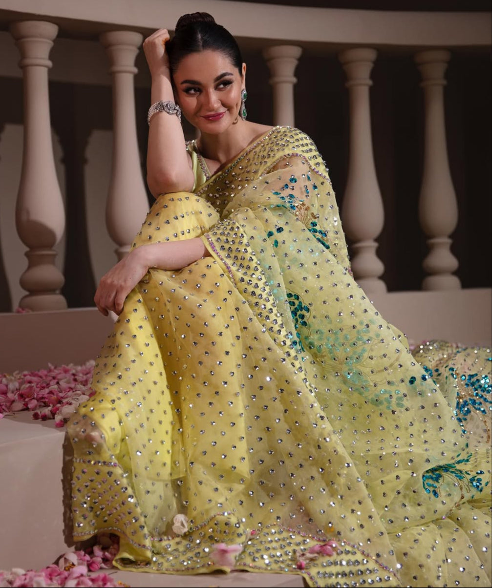 Hania Aamir - Verbena Yellow Embellished Organza Sari | 70% OFF