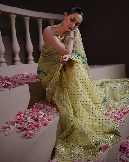 Hania Aamir - Verbena Yellow Embellished Organza Sari | 70% OFF