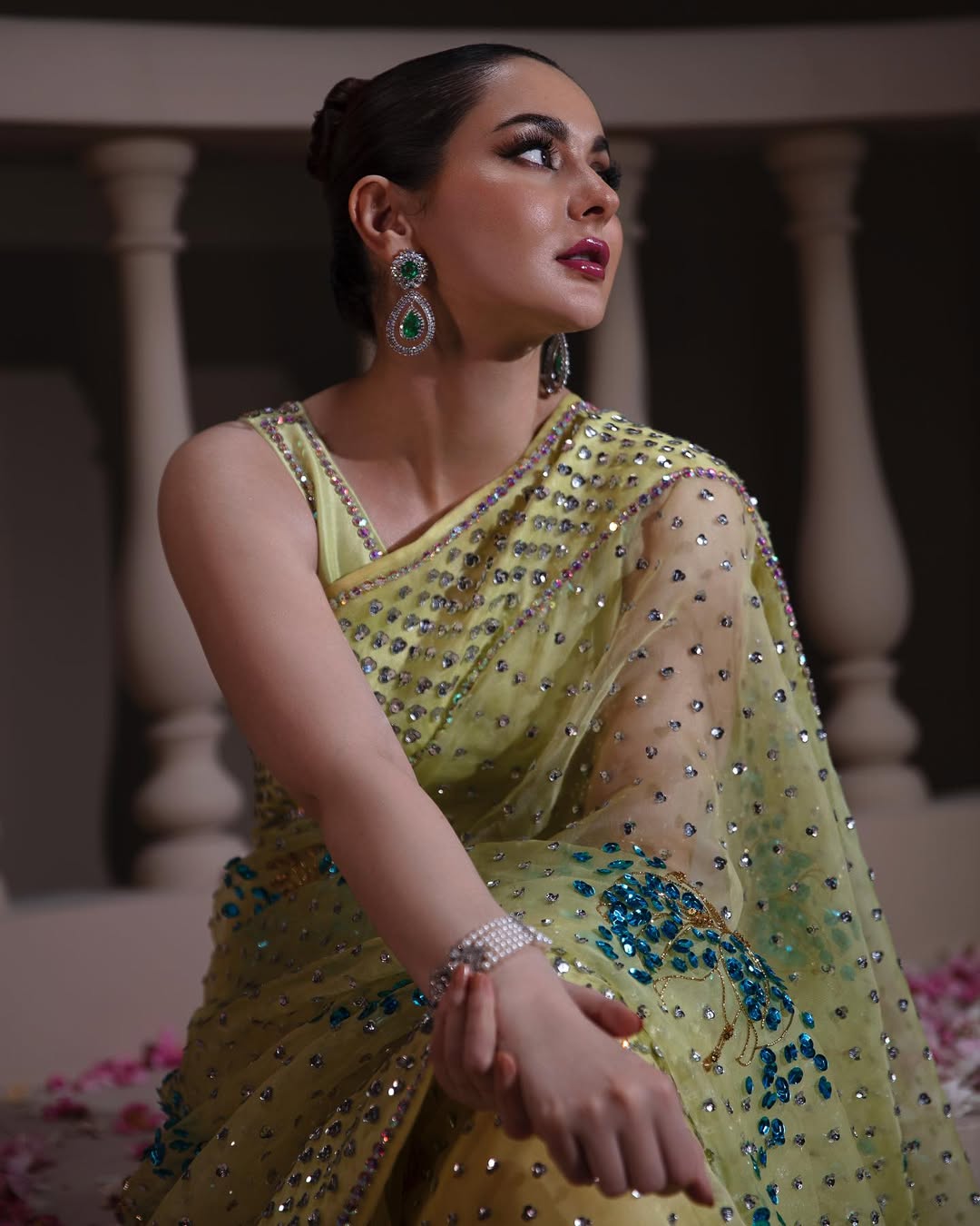 Hania Aamir - Verbena Yellow Embellished Organza Sari | 70% OFF