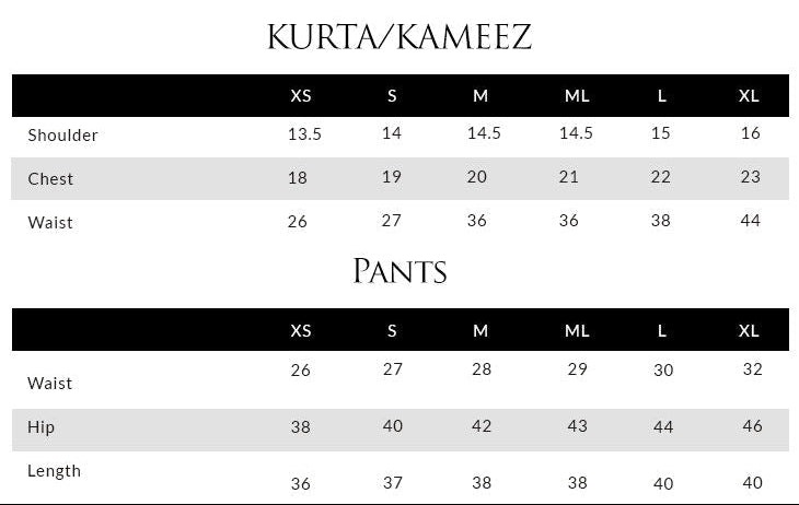 Size chart for Ayesha Shahveer Harley Maxi with Dupatta in inches