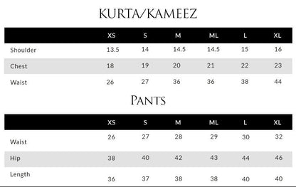 Size chart for Ayesha Shahveer Harley Maxi with Dupatta in inches