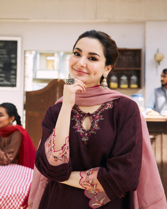 Hania Aamir - Burgundy Shirt, Trouser, Pants Set | 40%OFF