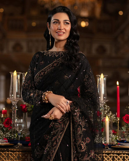 Sarah Khan - HAINOOR Embellished Black Raw Saree | 50% OFF