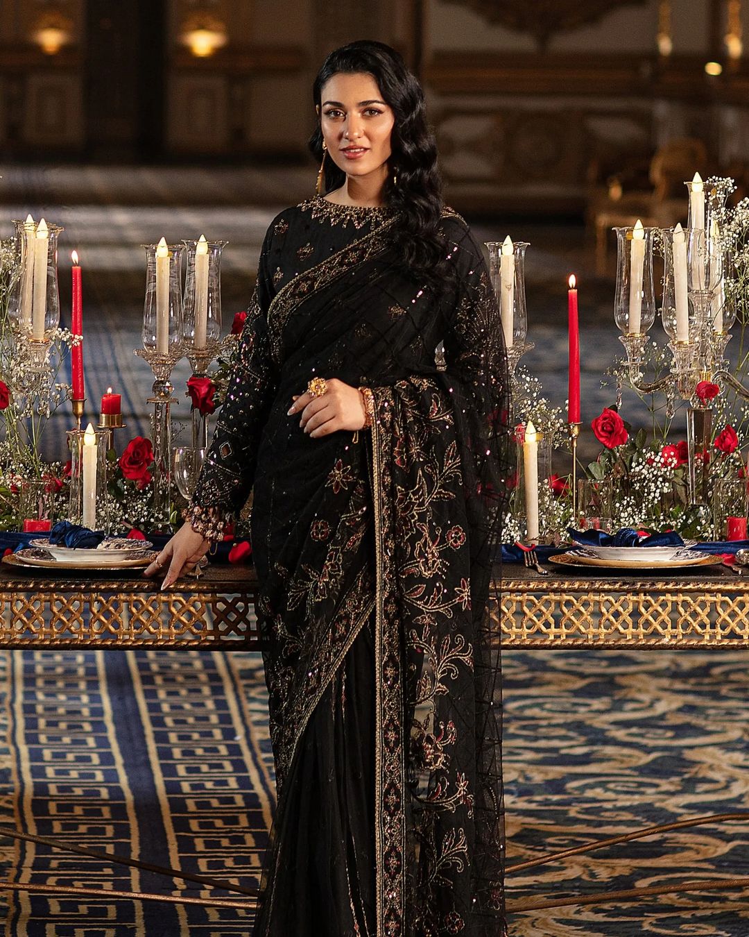 Sarah Khan - HAINOOR Embellished Black Raw Saree | 50% OFF