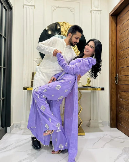 Iqra Kanwal -Embellished Purple Long Top and Trouser | 50% OFF