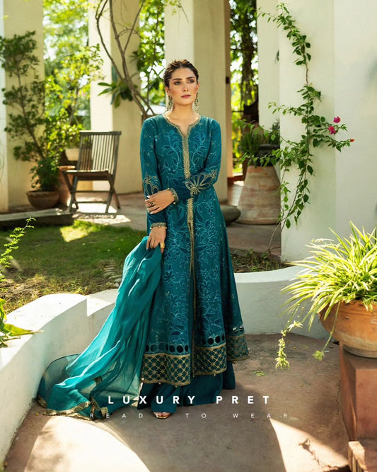 Ayeza Khan - Embroidered Linen Shirt, Trouser and Dupatta set | 50% OFF