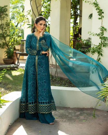 Ayeza Khan - Embroidered Linen Shirt, Trouser and Dupatta set | 50% OFF