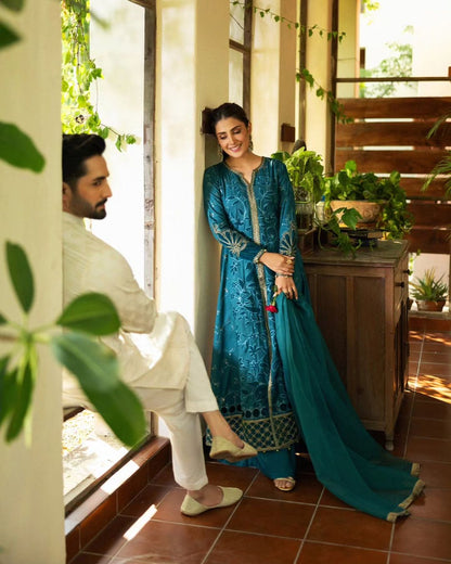 Ayeza Khan - Embroidered Linen Shirt, Trouser and Dupatta set | 50% OFF