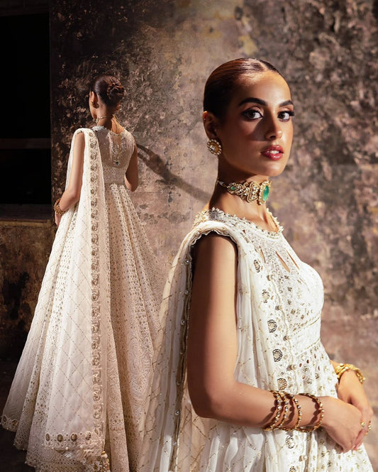 Iqra Aziz - Ivory White Gown, Trouser and Dupatta set | 30% OFF