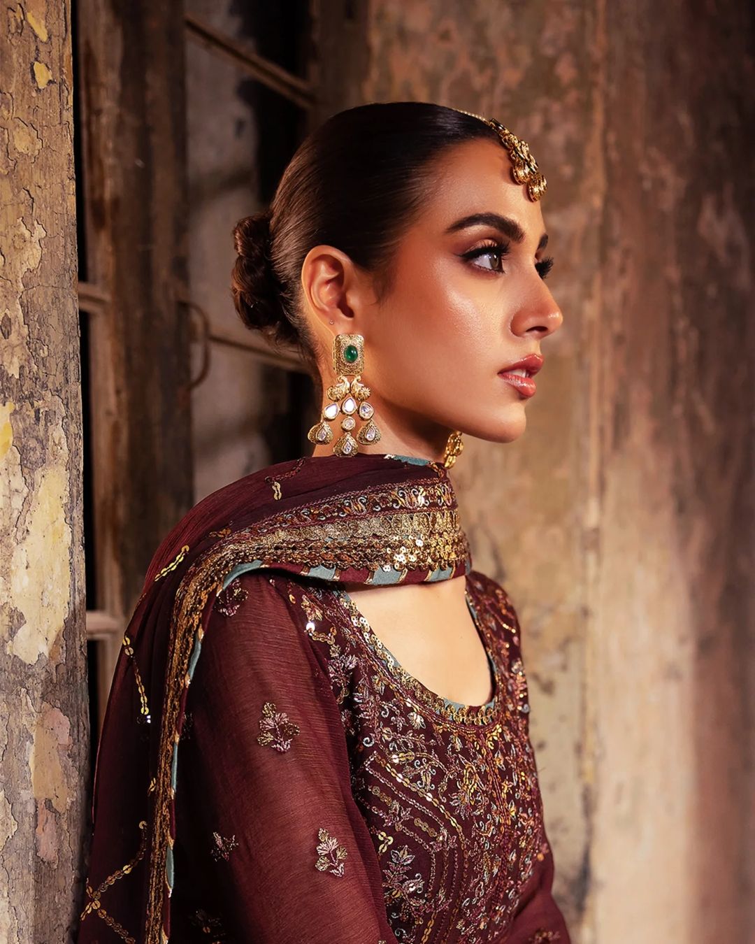 Iqra Aziz - Ivory Maroon Gown, Trouser and Dupatta set | 40% OFF