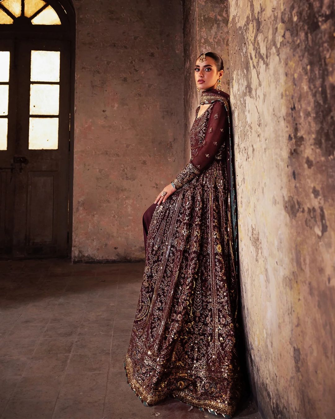 Iqra Aziz - Ivory Maroon Gown, Trouser and Dupatta set | 40% OFF