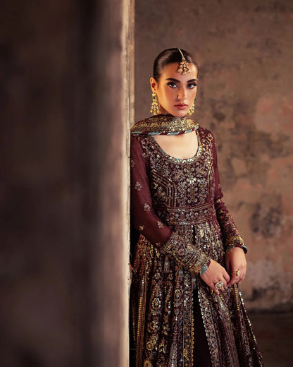 Iqra Aziz - Ivory Maroon Gown, Trouser and Dupatta set | 40% OFF